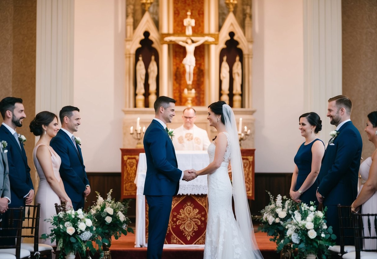 A figure stands at a decorated altar, overseeing a couple exchanging vows