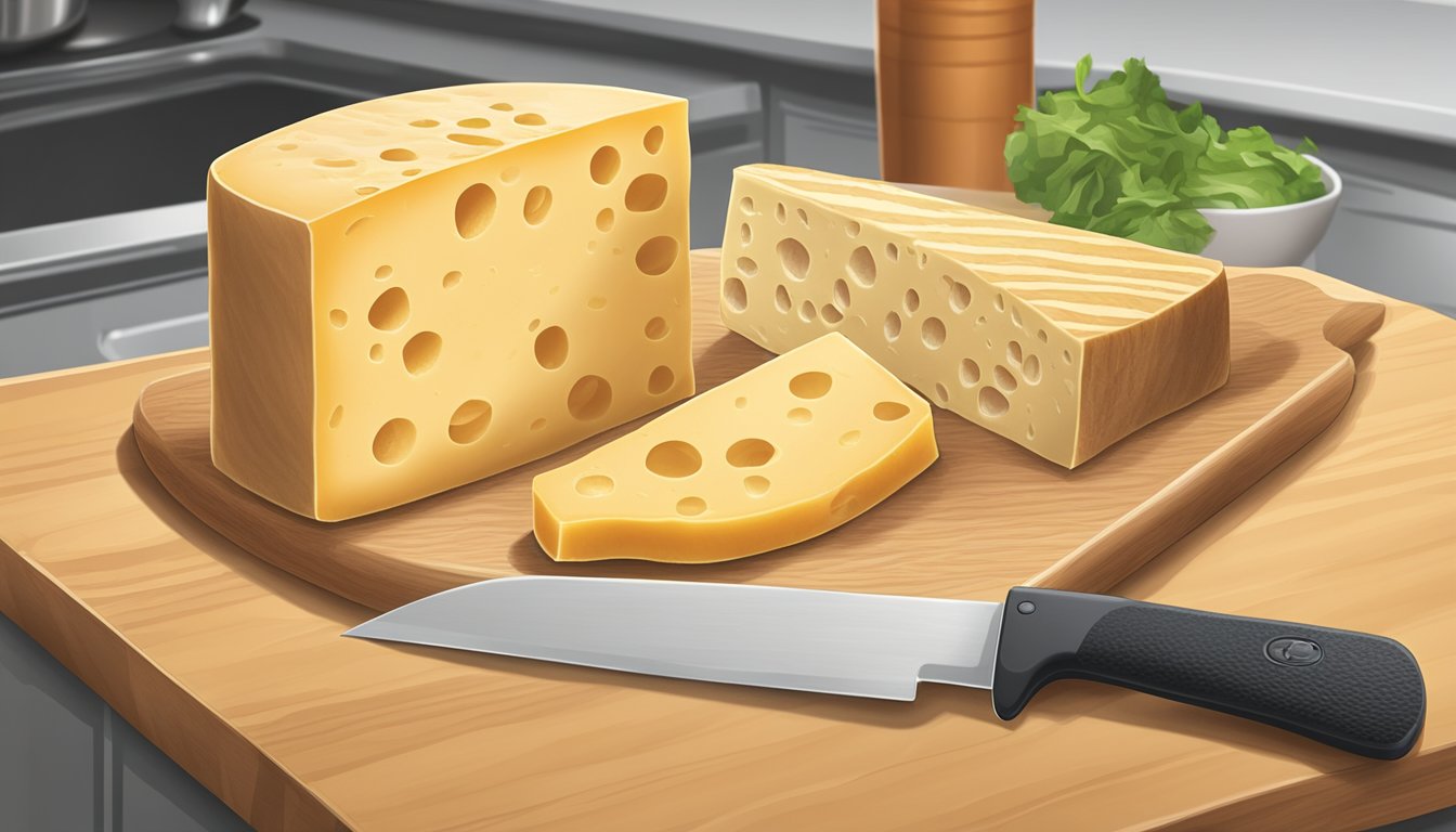 A cutting board with non-dairy and vegan colby jack cheese substitutes, a knife slicing through one block