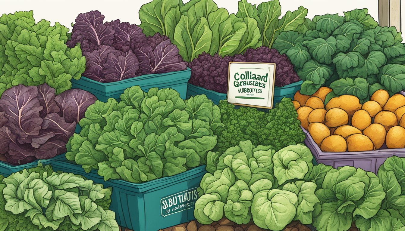 A vibrant bunch of collard greens surrounded by various leafy greens, with a sign indicating "collard greens substitutes" on display at a farmers' market