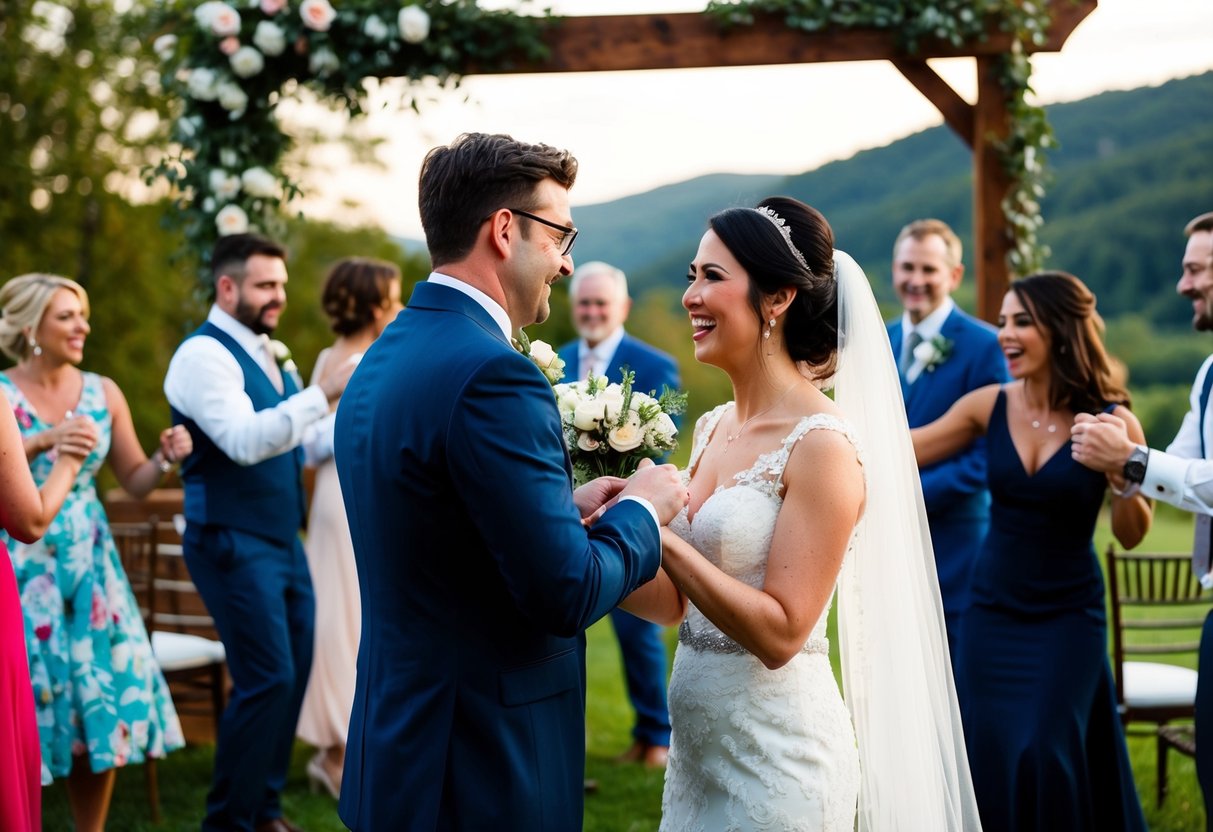 A wedding photographer capturing a bride and groom exchanging vows in a scenic outdoor ceremony, with guests celebrating and dancing at the reception