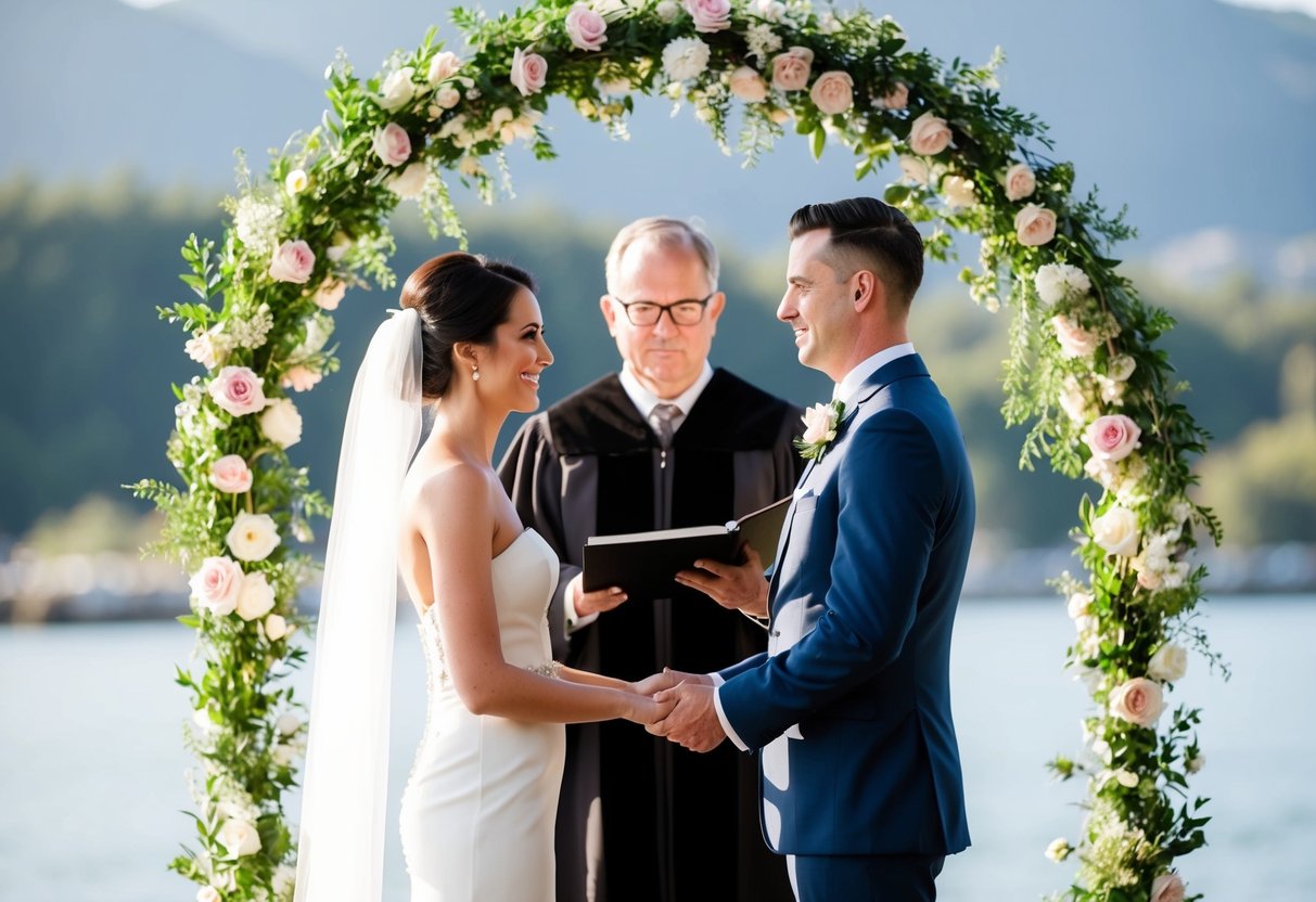 A bride and groom stand before an officiant under a floral arch. The officiant speaks as they exchange vows