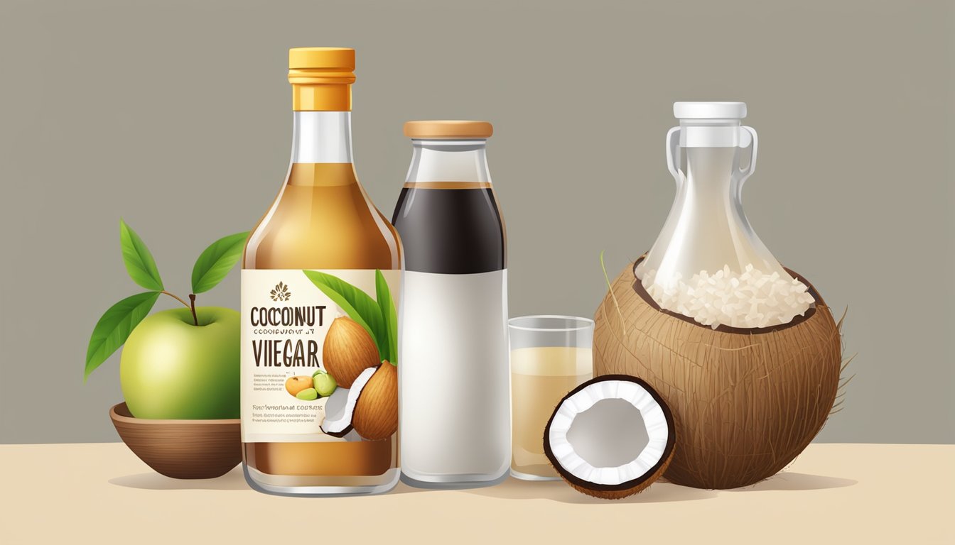 A bottle of coconut vinegar surrounded by various Asian ingredients like rice wine, apple cider vinegar, and black vinegar