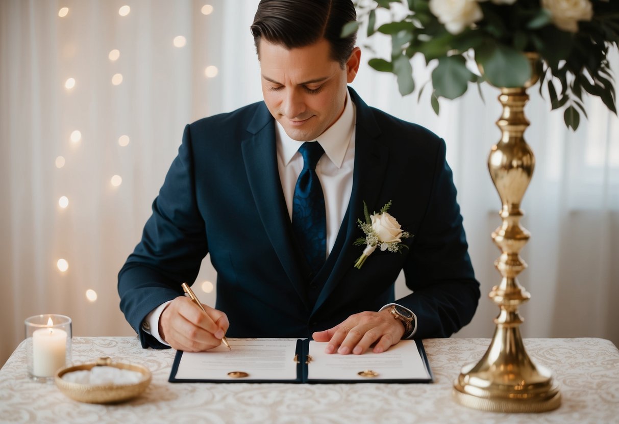 A wedding officiant signing legal documents at a decorated table