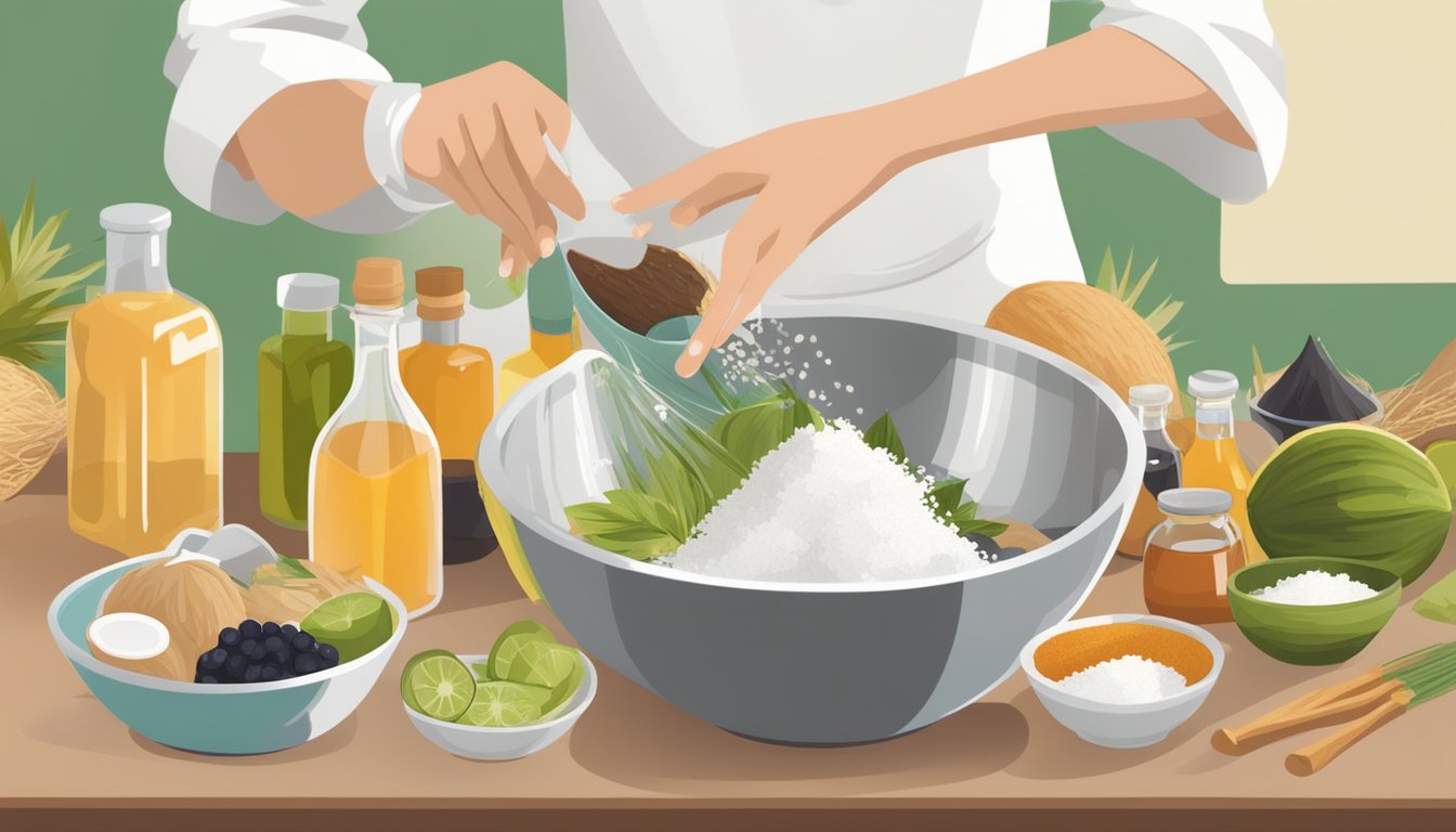 A person pouring ingredients into a bowl, surrounded by various types of vinegar and coconut products