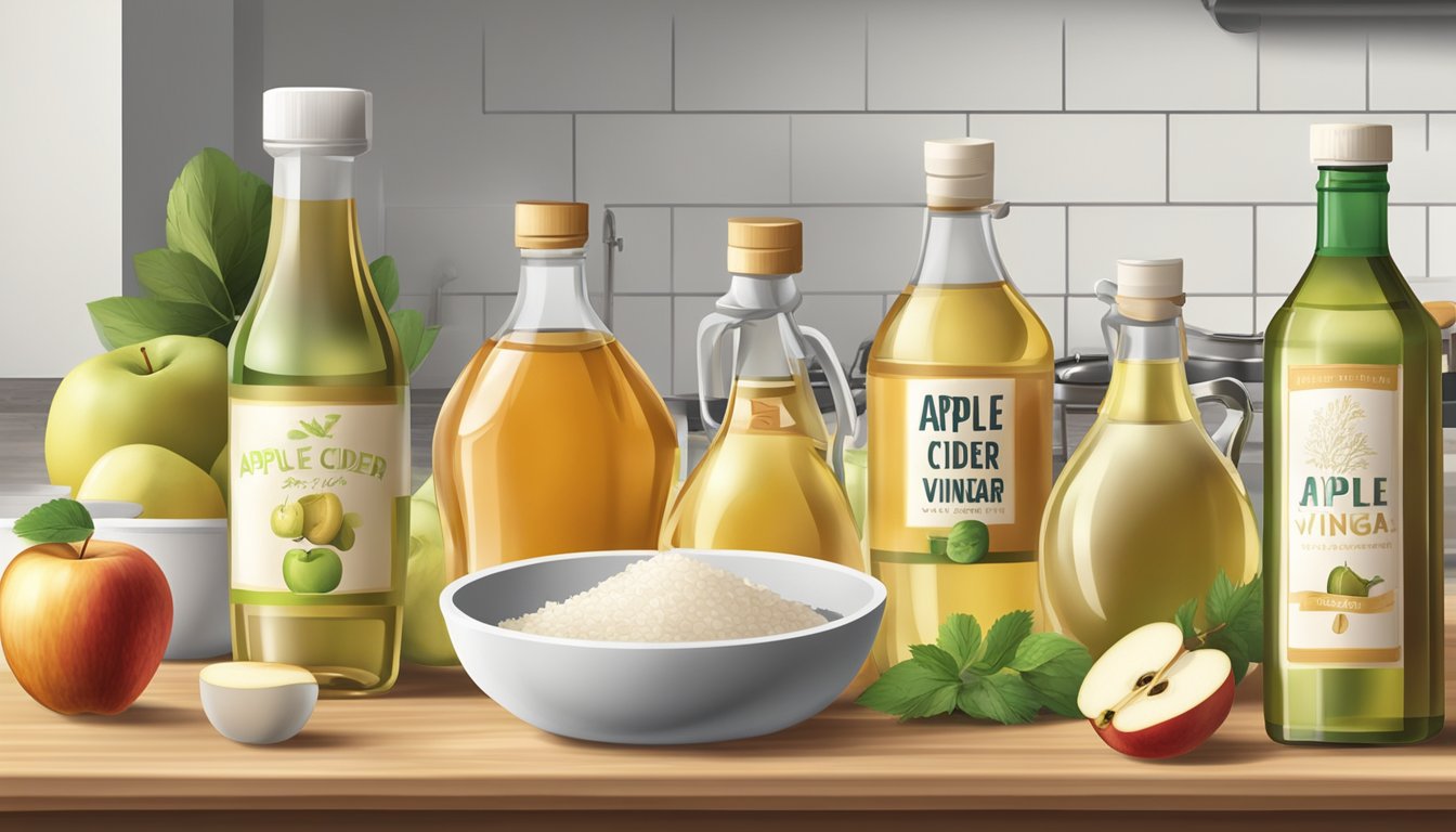 A variety of ingredients such as apple cider vinegar, rice vinegar, and white wine vinegar arranged on a kitchen countertop