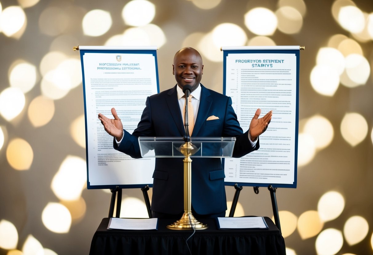 A celebrant standing at a podium, surrounded by legal documents and a list of prohibited statements