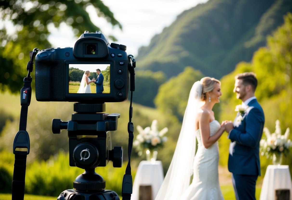 A wedding photographer's camera capturing a couple exchanging vows in a scenic outdoor setting, with soft natural lighting and lush greenery in the background