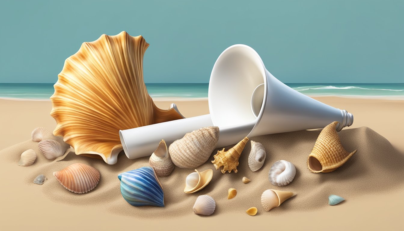 A conch shell resting on a bed of sand, surrounded by various objects like a trumpet, seashells, and a megaphone