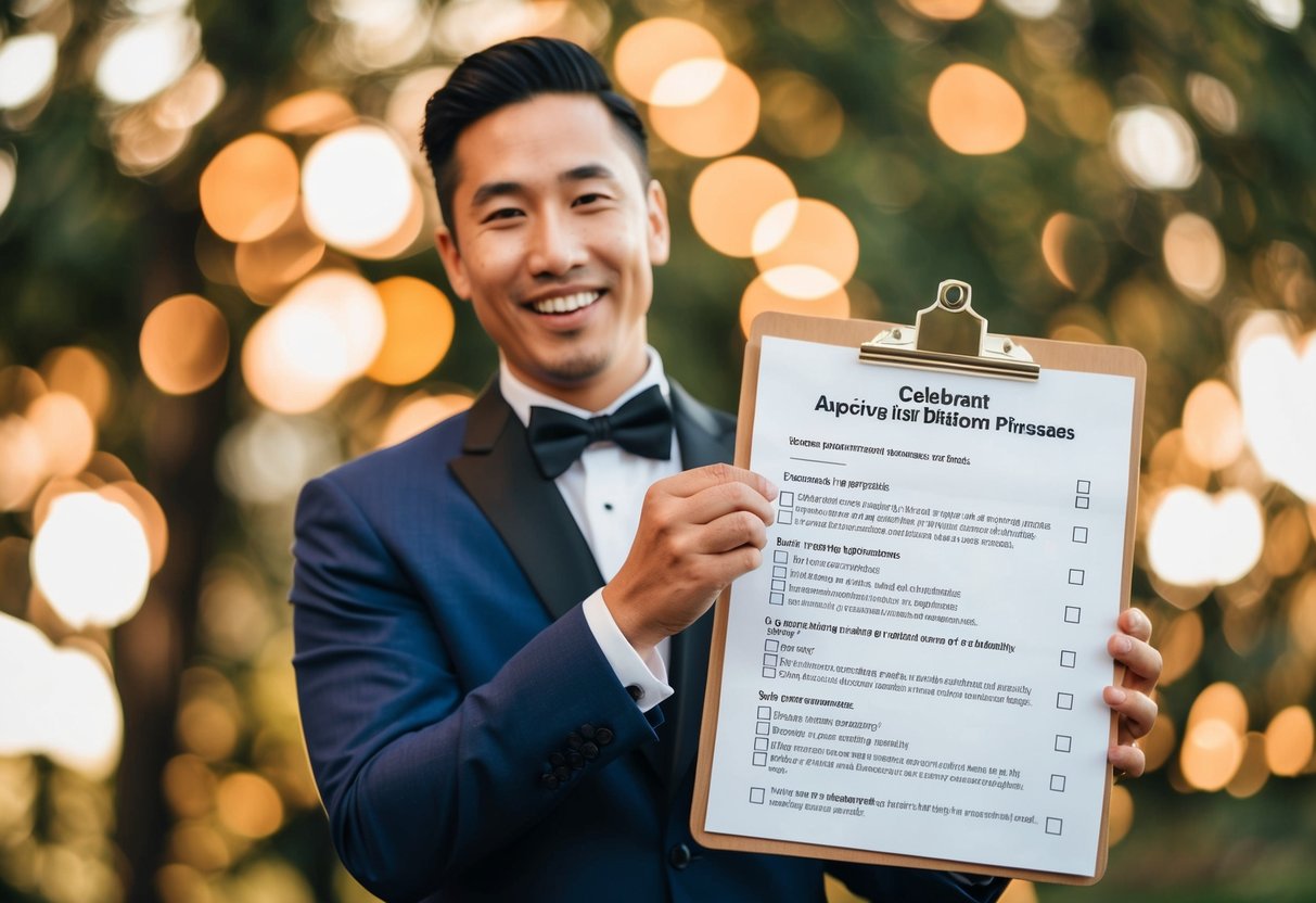 A celebrant avoiding forbidden phrases, with a checklist and a personalized script