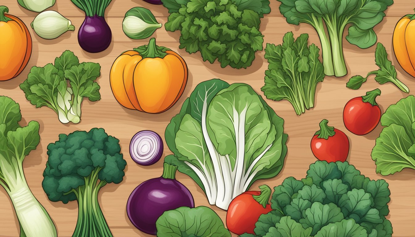 A colorful array of fresh vegetables arranged on a wooden cutting board, including kale, spinach, Swiss chard, and bok choy