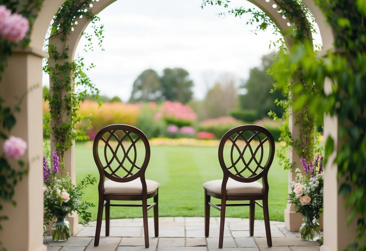 A serene outdoor setting with a decorative archway and two empty chairs facing each other, surrounded by blooming flowers and greenery