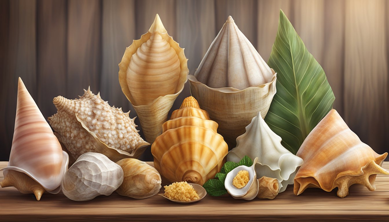 A variety of conch substitutes arranged on a rustic wooden table, showcasing different textures and flavors