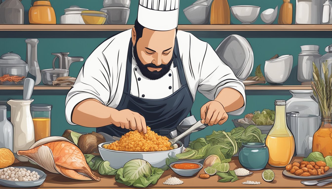 A chef carefully selects and prepares conch substitutes for a dish, surrounded by various cooking utensils and ingredients