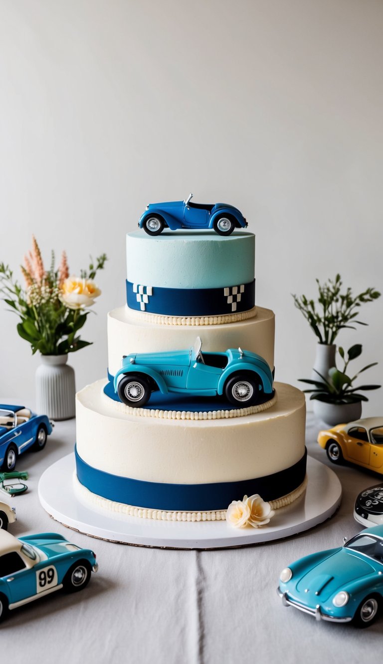 A vintage roadster cake sits on a table, surrounded by various car-themed decorations and accessories