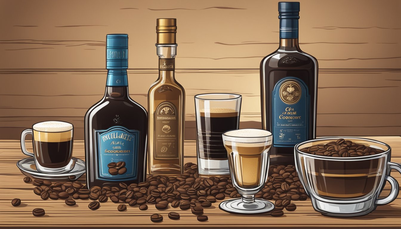 A glass of coffee liqueur sits on a rustic wooden table, surrounded by coffee beans and a few empty bottles of different liqueurs