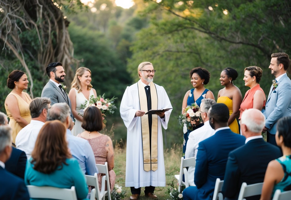 A humanist officiant leading a non-religious ceremony in a natural setting, surrounded by diverse individuals celebrating life and love