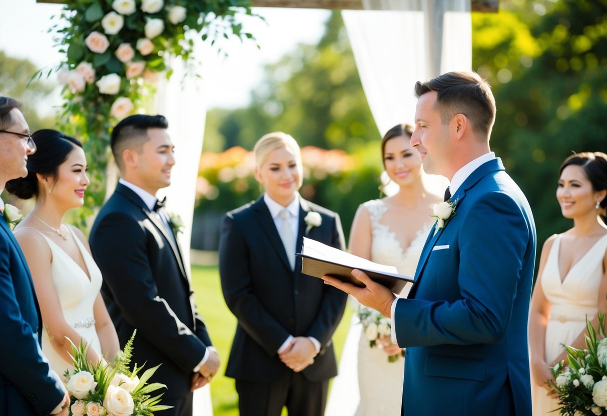 An officiant stands at the front of a wedding ceremony, holding a book or script and speaking to a couple standing before them. The setting is a beautiful outdoor location with flowers and greenery