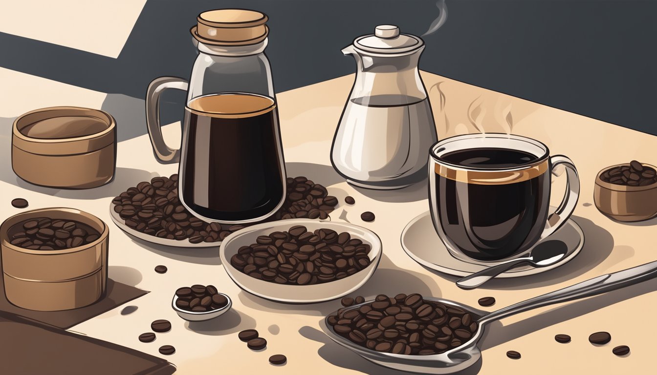 A steaming cup of rich, dark coffee sits next to a bottle of non-alcoholic coffee syrup, with coffee beans scattered around the table