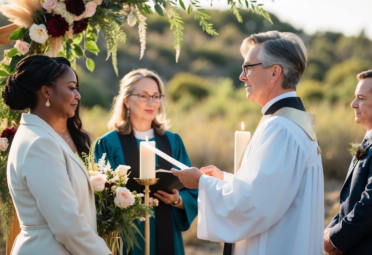 A humanist officiant conducting a ceremony in a natural outdoor setting, surrounded by symbolic elements such as candles, flowers, and meaningful decor