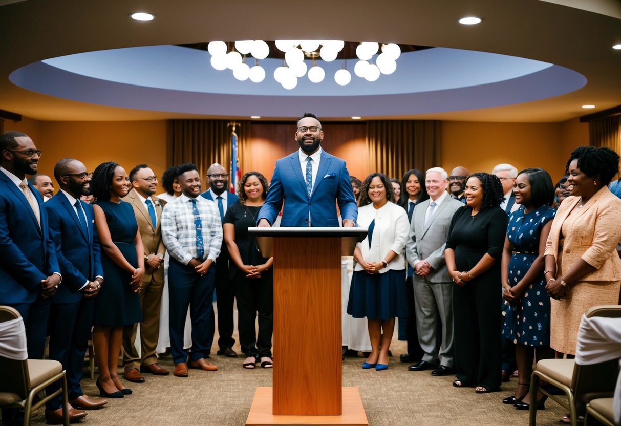 A person standing at a podium, surrounded by diverse individuals, officiating a non-religious ceremony with a warm and inclusive atmosphere