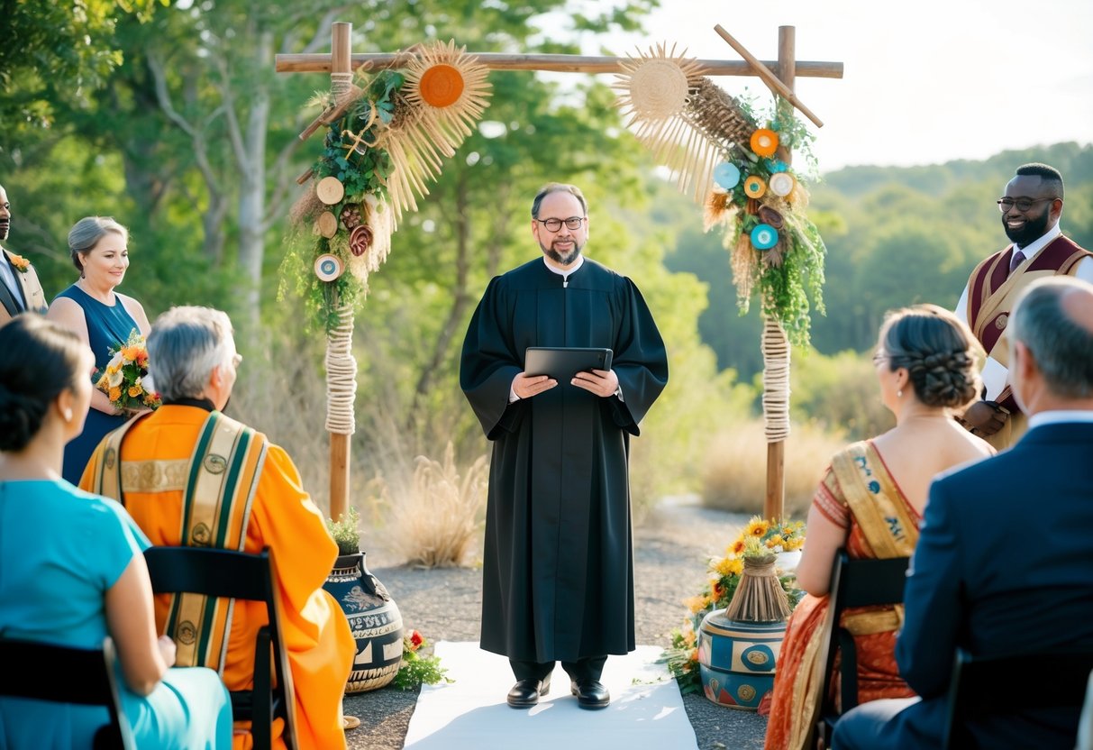 A humanist officiant leading a non-religious ceremony in a natural outdoor setting, surrounded by diverse cultural symbols and artifacts