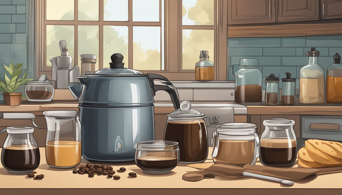 A steaming pot of coffee liqueur substitute sits on a kitchen counter, surrounded by various baking ingredients and utensils