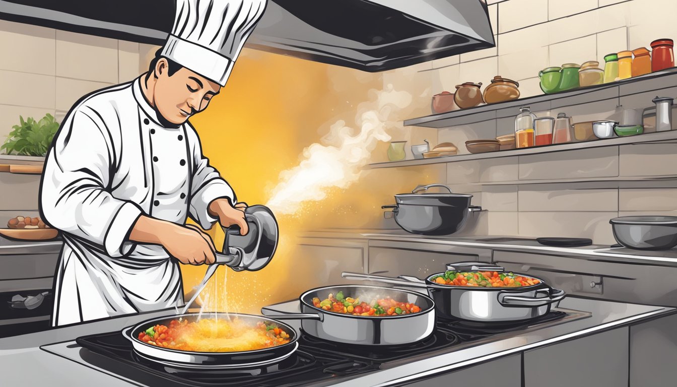 A chef sprays a sizzling hot pan with cooking spray before adding ingredients