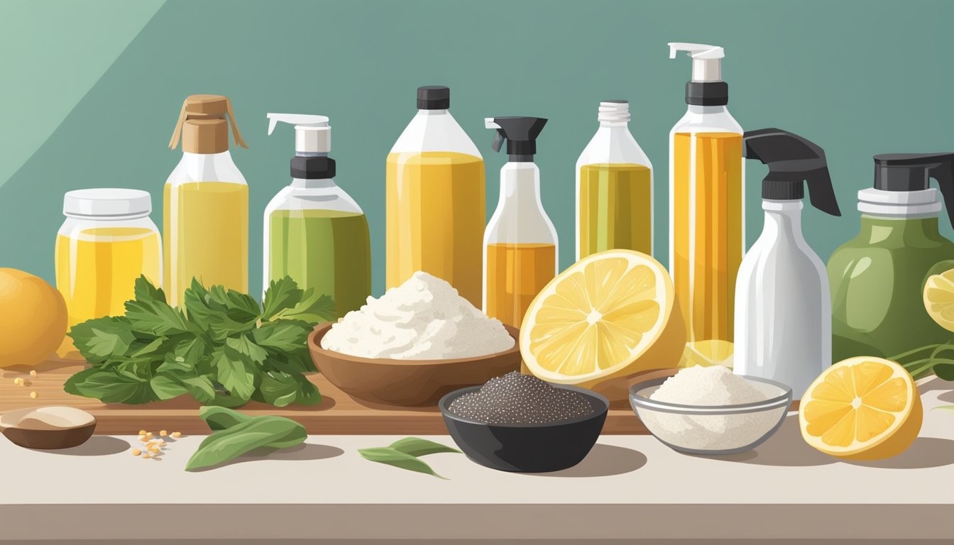 A variety of cooking sprays, oils, and fats arranged on a kitchen counter next to baking ingredients