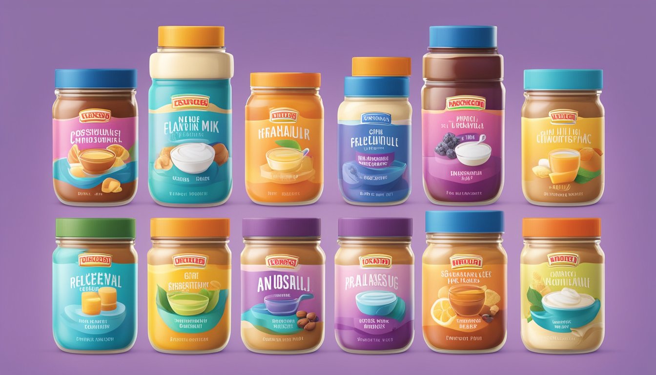 A variety of flavor variants and add-ins for condensed milk substitutes displayed on a colorful and vibrant backdrop