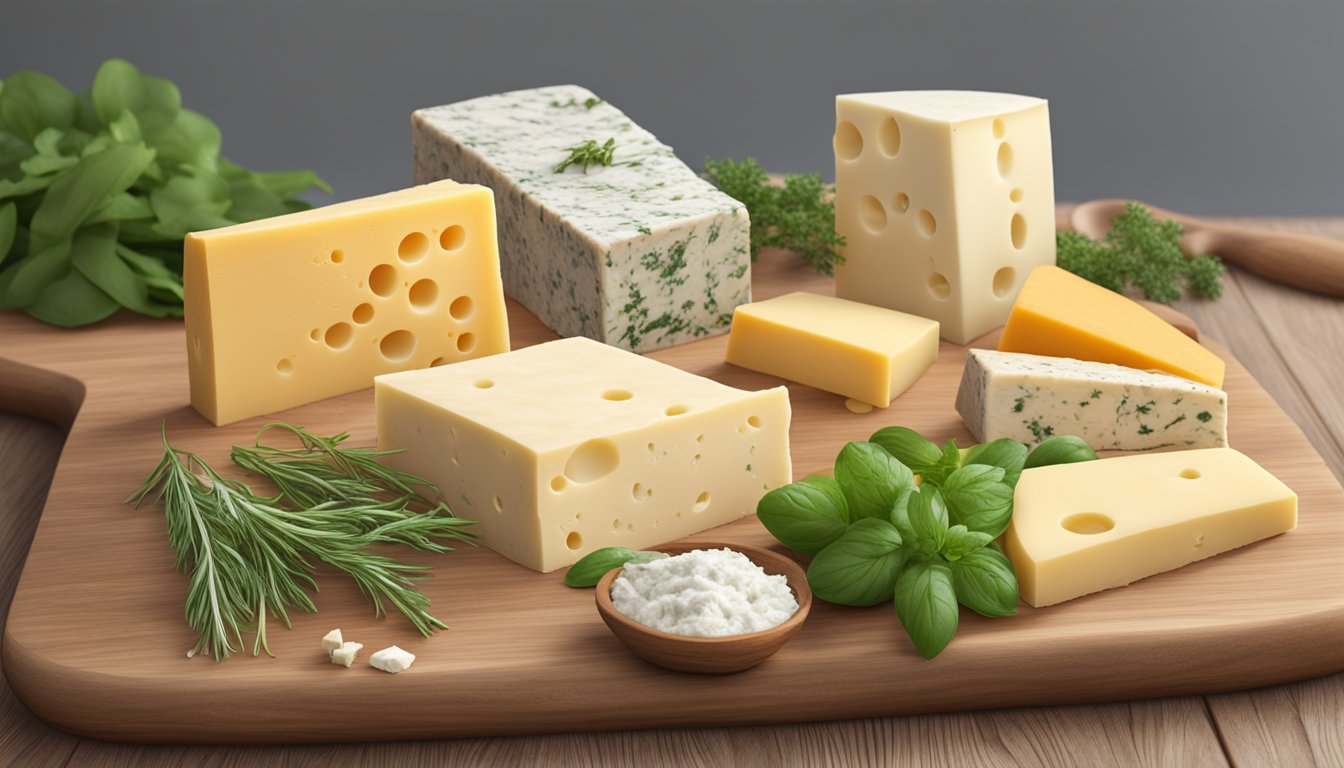 A variety of vegan cheese wheels and blocks arranged on a wooden cutting board with fresh herbs and crackers