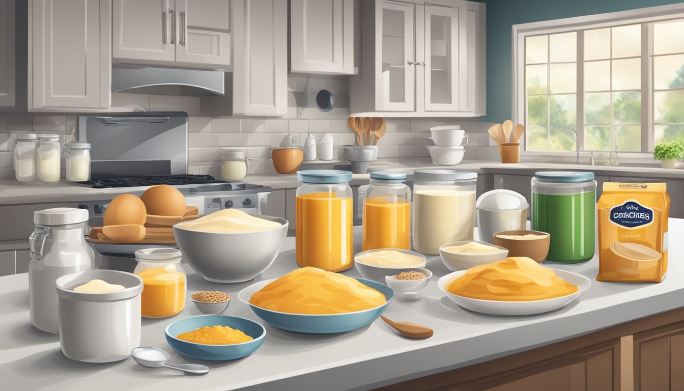 A kitchen counter with various ingredients and utensils for baking, including cans of condensed milk substitutes and measuring cups