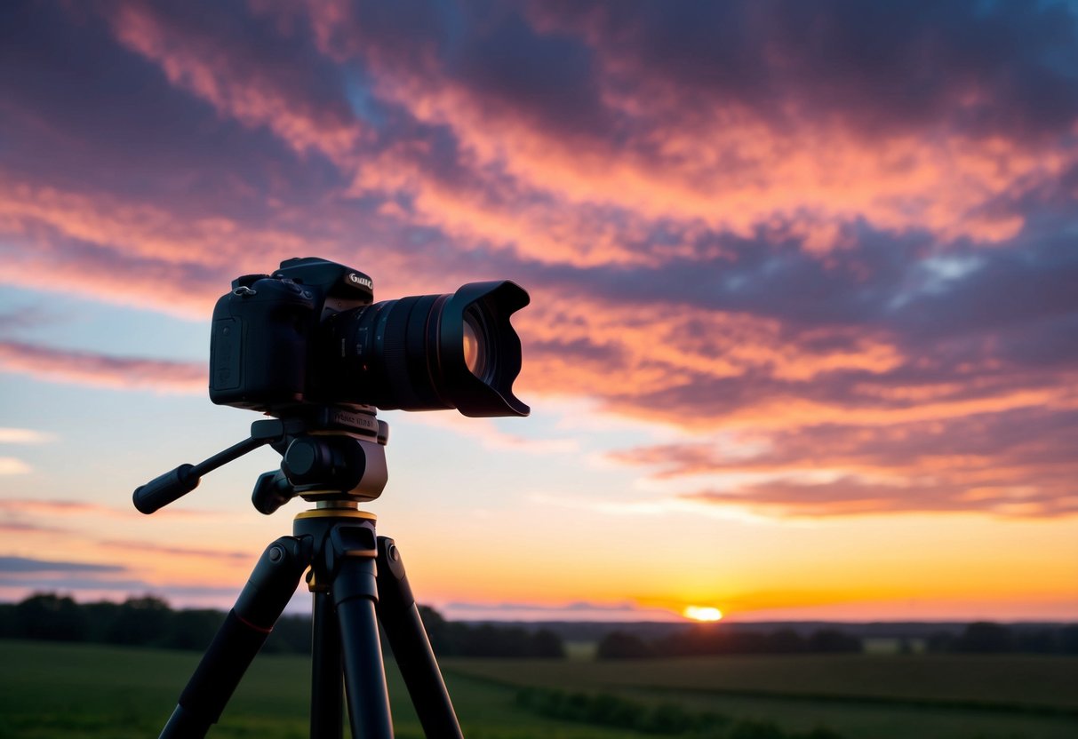 A camera on a tripod capturing a stunning sunset over a serene landscape, with vibrant colors and dramatic clouds in the sky