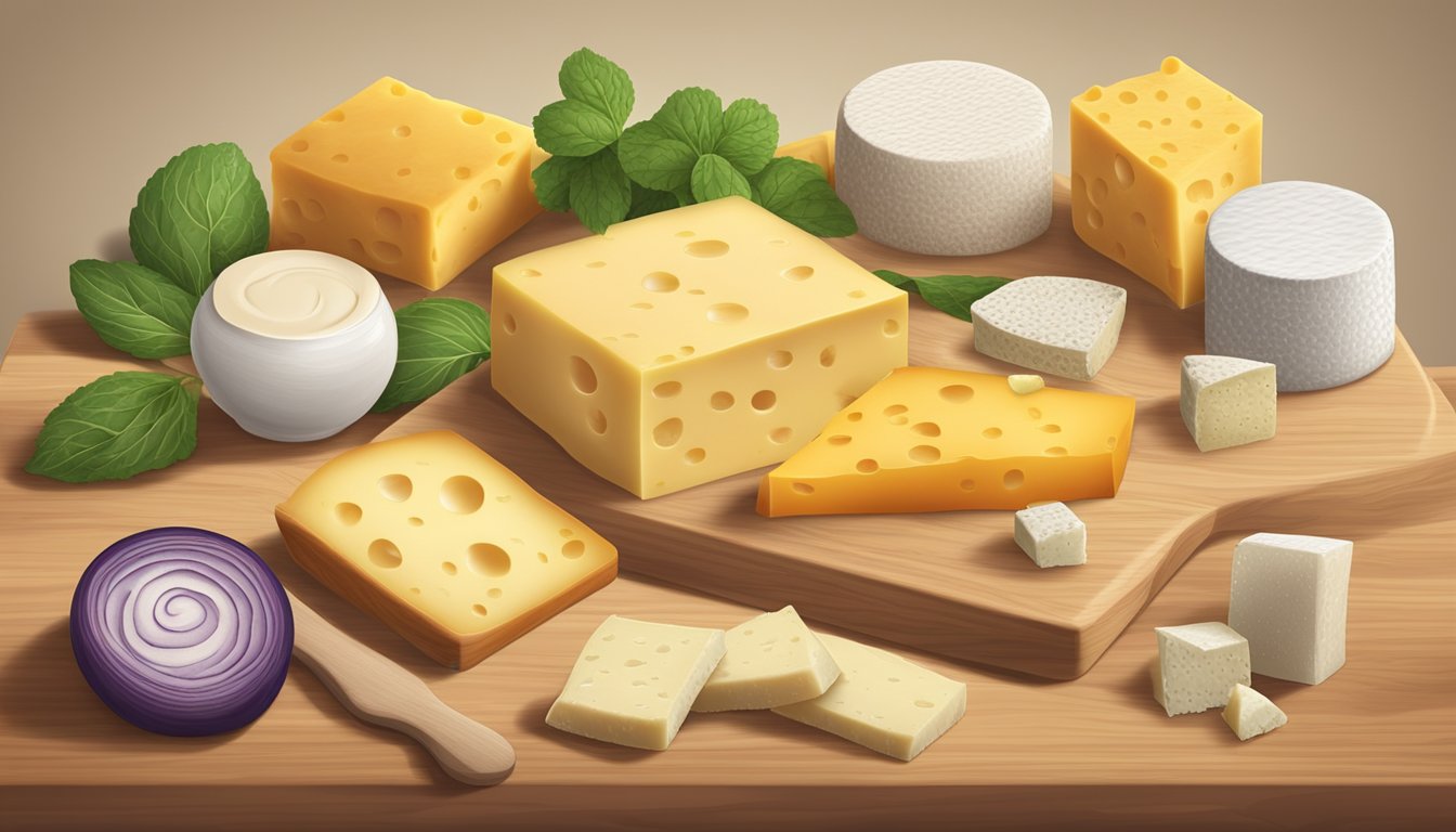 A variety of cold pack cheese substitutes with different textures and flavors arranged on a wooden cutting board