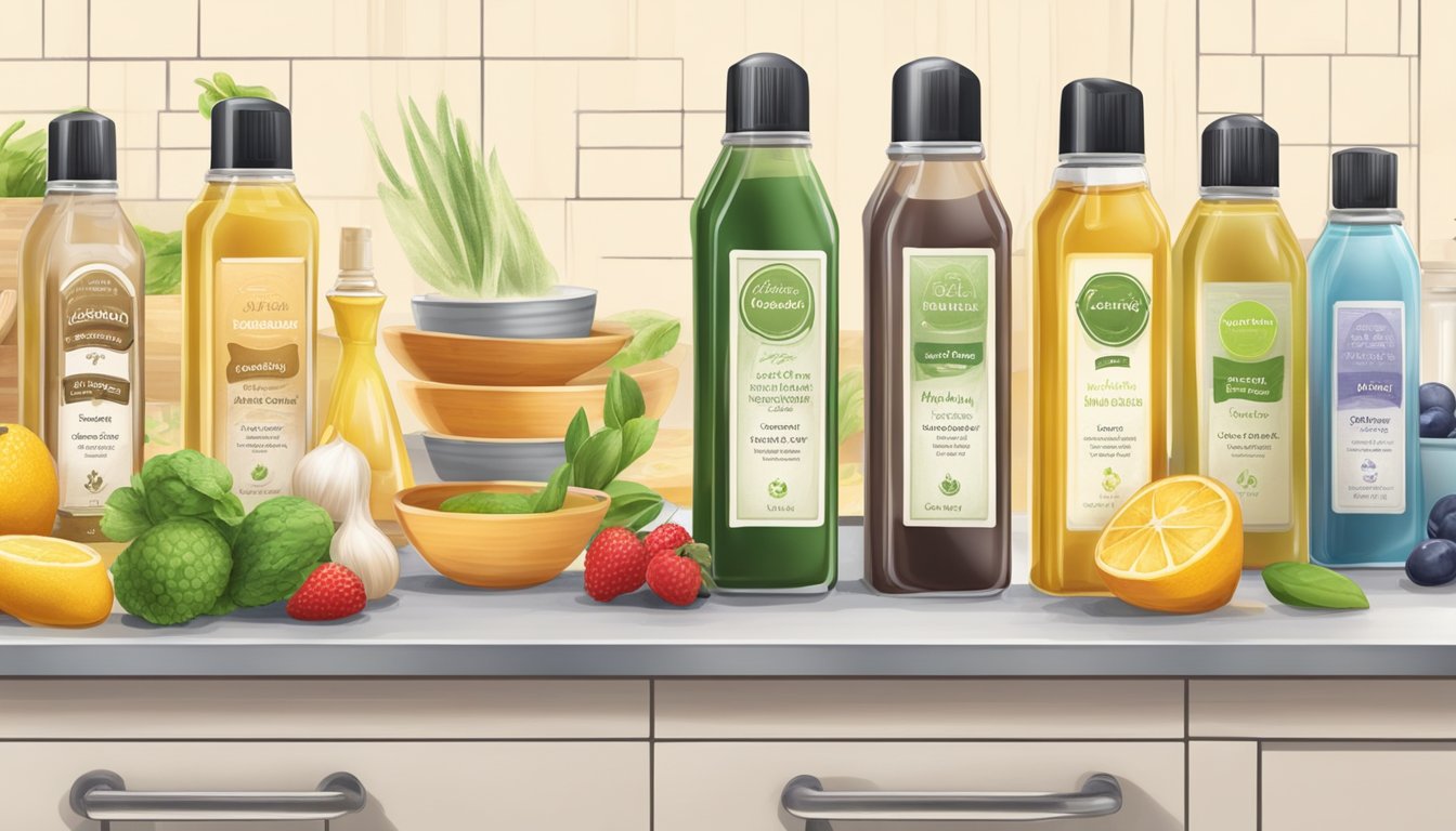 A kitchen counter with assorted cooking sprays, oils, and healthy baking substitutes arranged neatly in a row