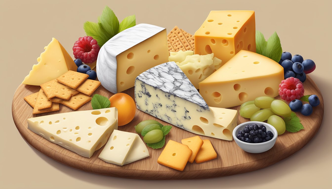 A variety of specialty cheese alternatives arranged on a wooden board with crackers and fruit