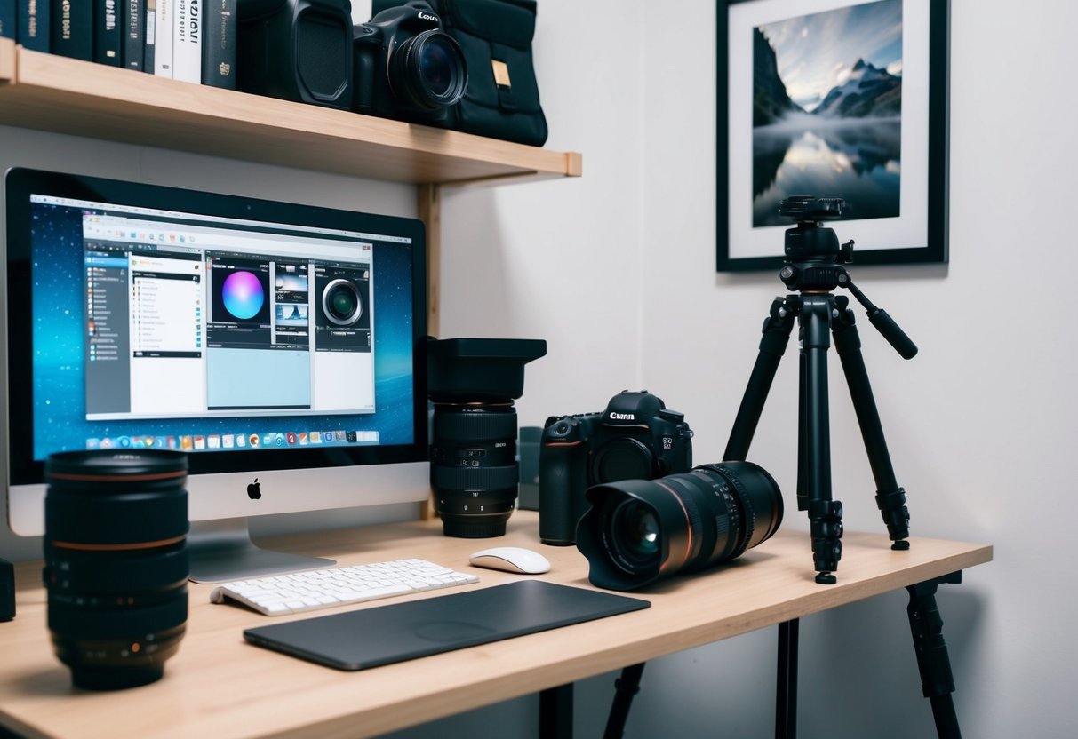 A photographer's camera, tripod, and various lenses arranged on a desk next to a computer displaying editing software. A shelf holds photography books and a framed print hangs on the wall