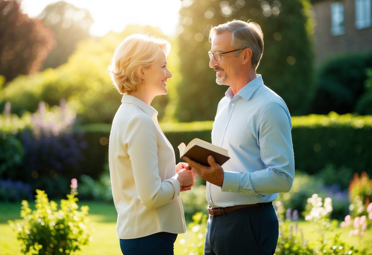 Two figures stand facing each other in a sunlit garden, one holding a small book. A sense of warmth and camaraderie fills the air as they share a meaningful conversation