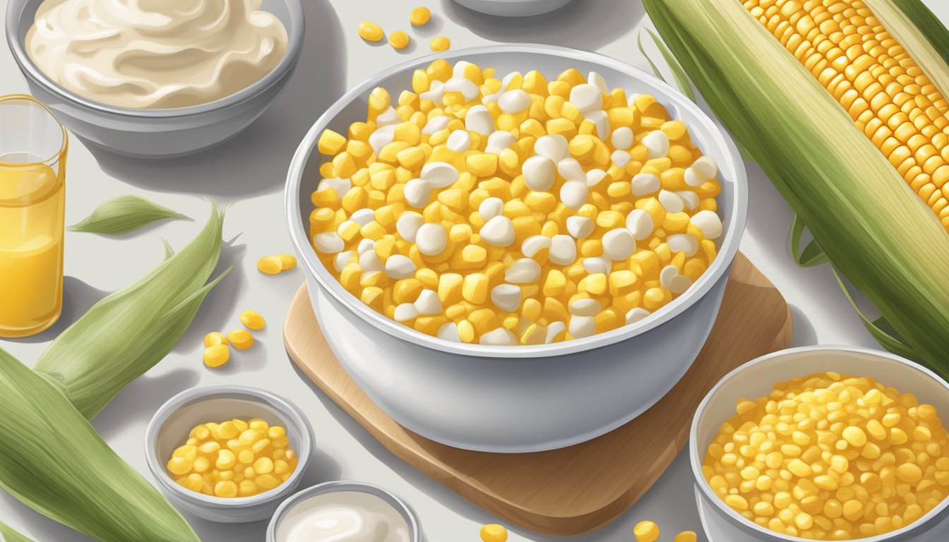 A mixing bowl filled with corn kernels, eggs, sour cream, and melted butter. A can of creamed corn and a box of cornbread mix sit nearby