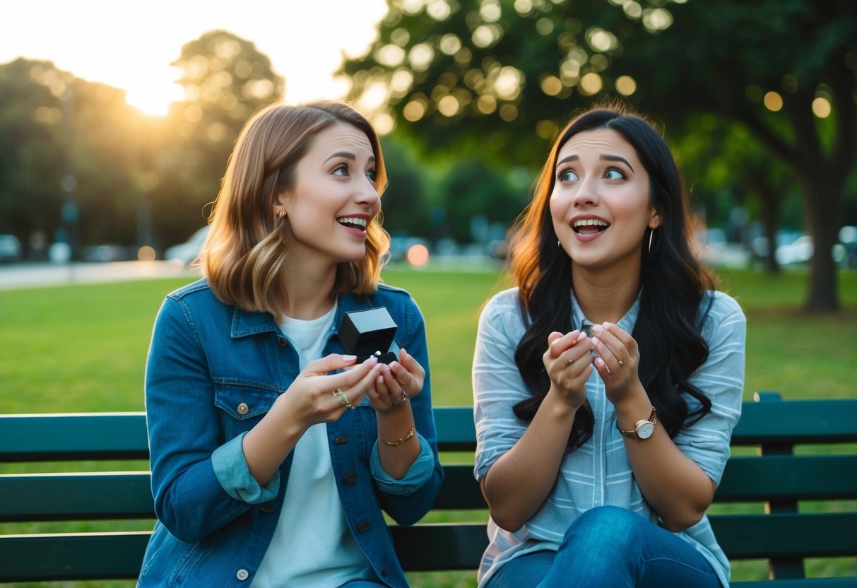 Two friends sitting on a park bench, one holding a ring box, the other looking surprised and emotional. The sun is setting behind them, casting a warm glow