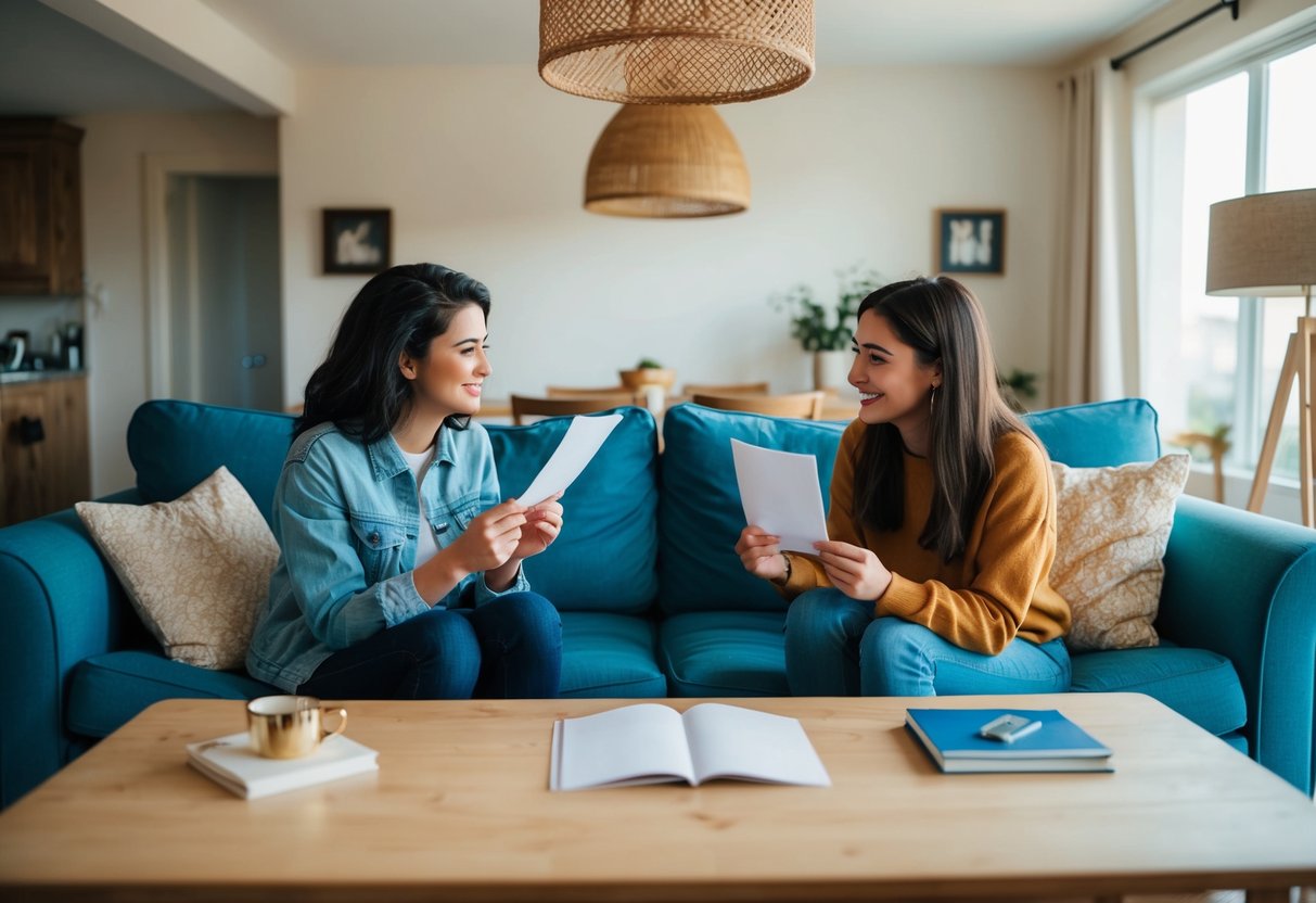 A cozy living room with two friends sitting across from each other, one holding a letter and the other listening intently