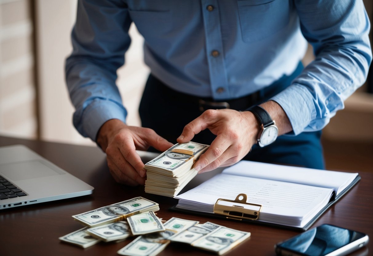 A photographer counting a stack of money on a desk
