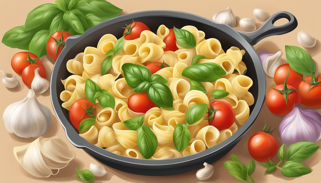 A steaming pot of conchiglie pasta surrounded by fresh basil, tomatoes, and garlic, evoking the essence of Italian cuisine