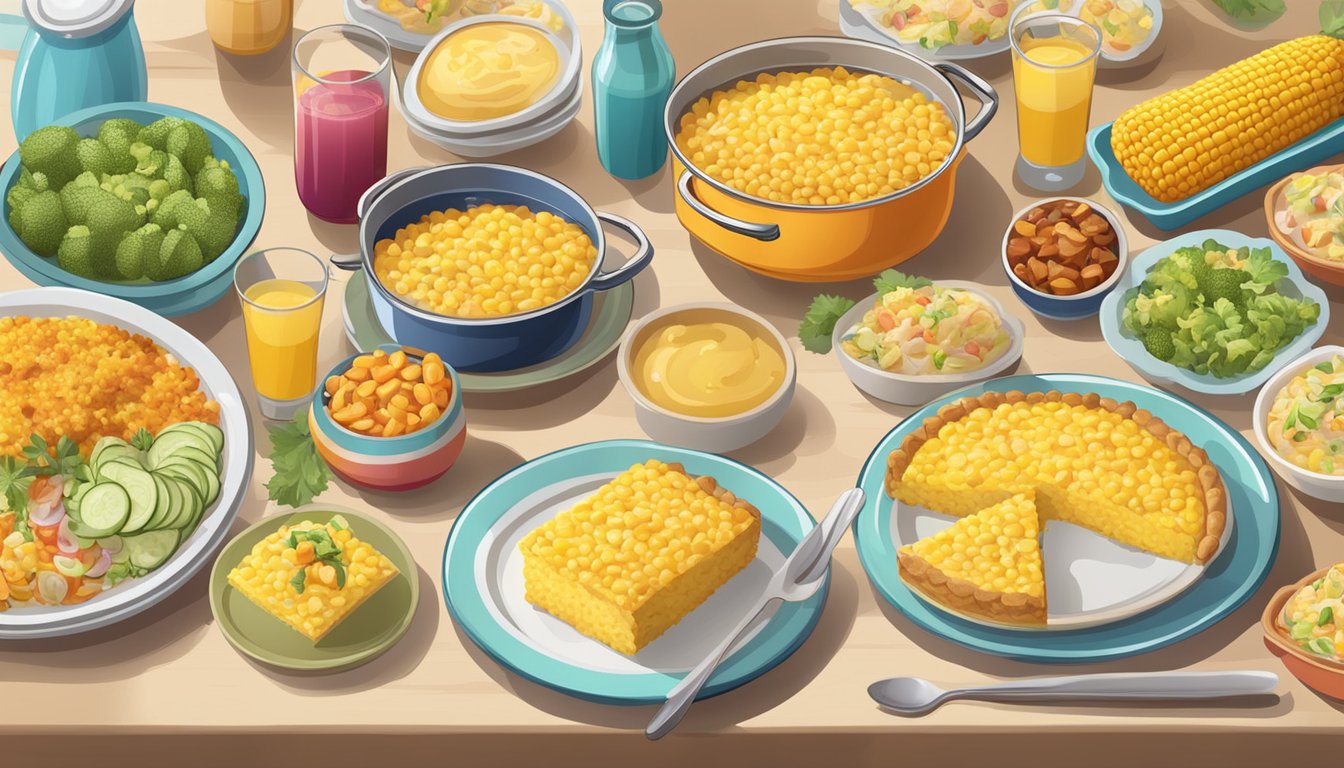 A colorful table setting with a steaming corn casserole surrounded by various side dishes and drink options