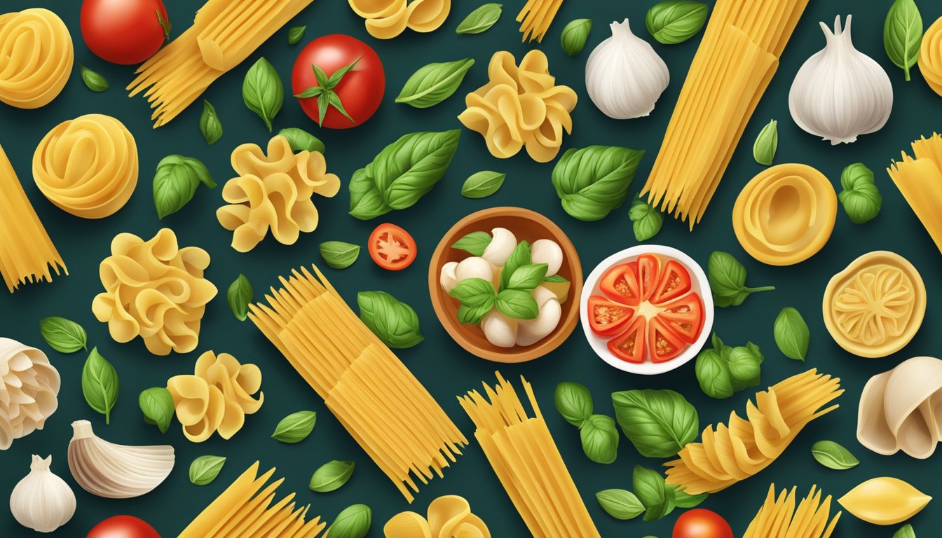 A variety of pasta shapes arranged in a row, including conchiglie shells, surrounded by fresh ingredients like tomatoes, basil, and garlic