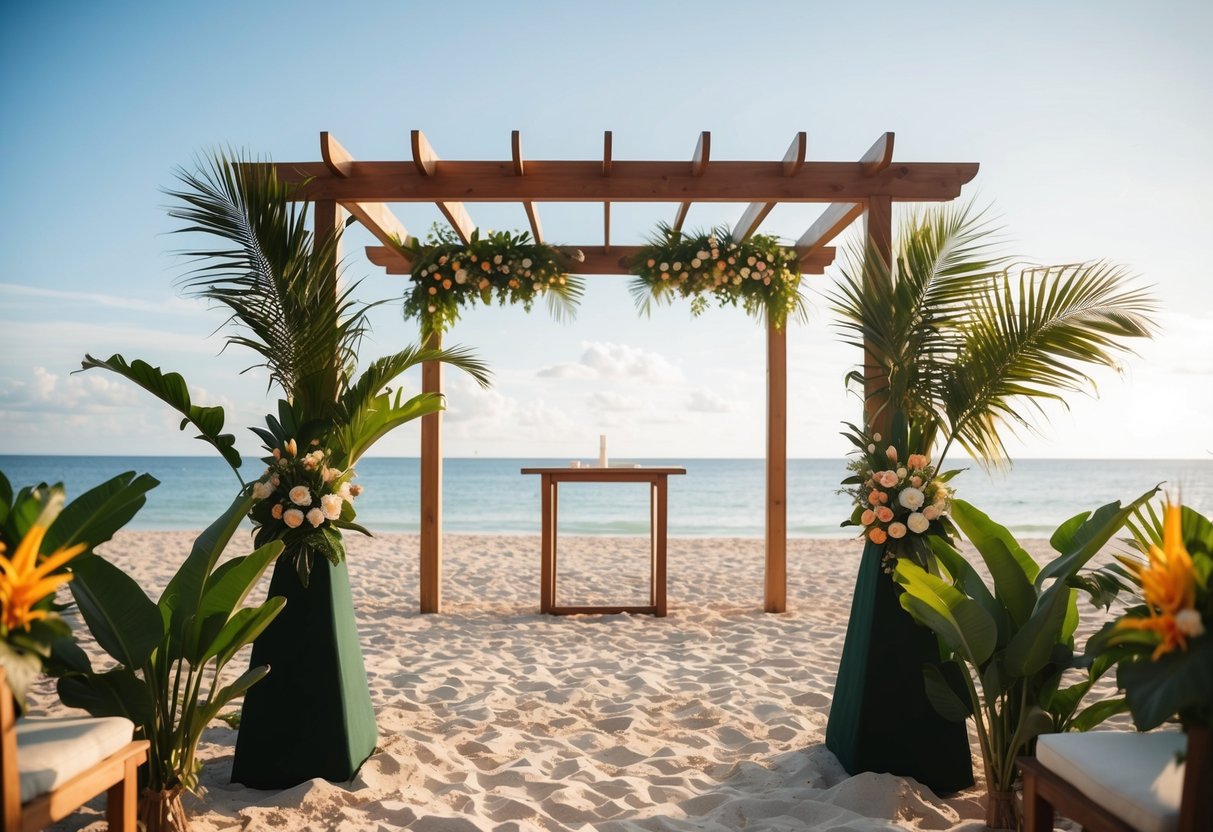A sunny beach setting with a simple wooden altar and an open sky, surrounded by tropical foliage