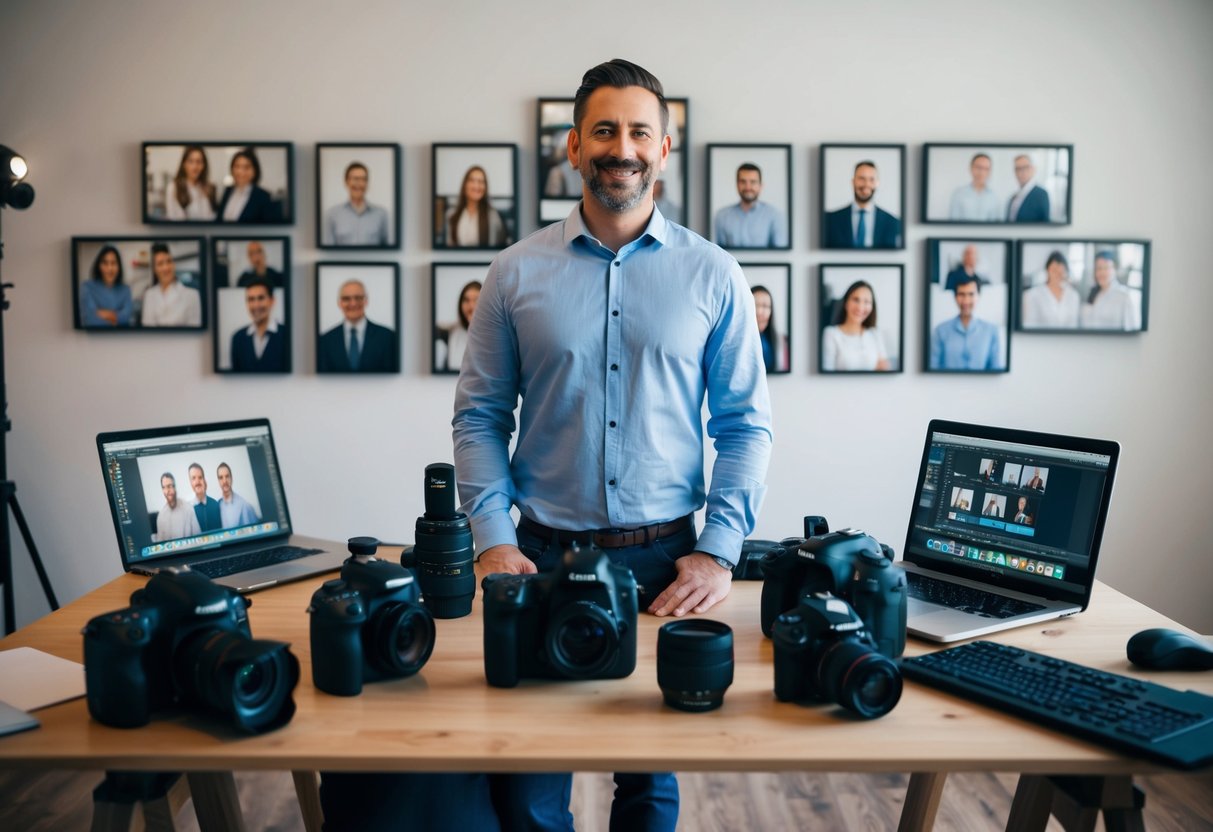 A photographer standing in a studio surrounded by professional camera equipment and editing software, with framed photos of satisfied clients displayed on the walls