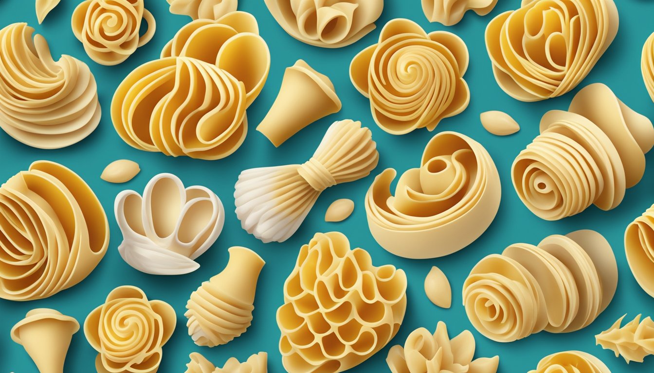 A variety of alternative pasta shapes, including conchiglie, arranged in a colorful and visually appealing pattern on a clean, white surface