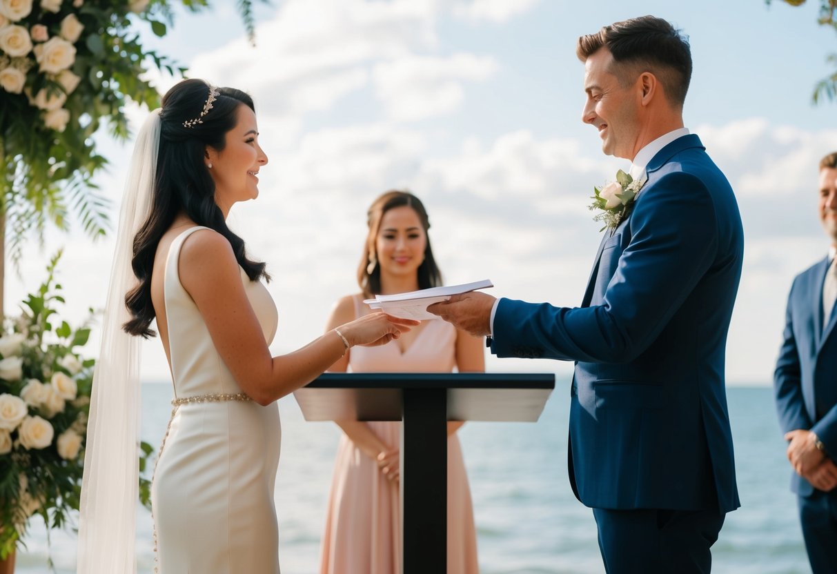 A person stands at a podium with a marriage certificate and a couple in front of them, exchanging vows