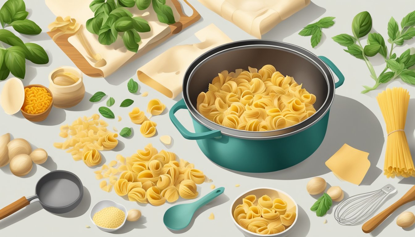 Conchiglie pasta being replaced by alternative pasta shapes in a cooking pot surrounded by various ingredients and kitchen utensils