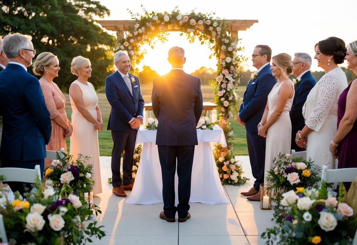 A family member stands at the center of a floral-adorned altar, surrounded by loved ones. The sun sets behind them, casting a warm glow over the outdoor ceremony space